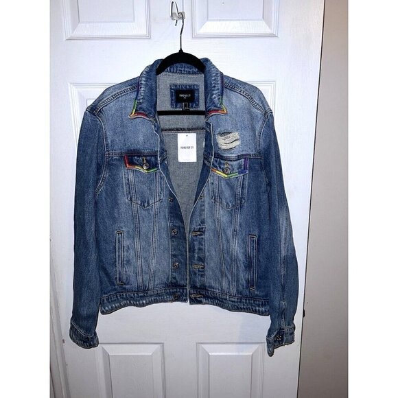 NWT FOREVER 21 Mens Rainbow Trim Distressed Denim Jean Jacket Size Small - Picture 3 of 11